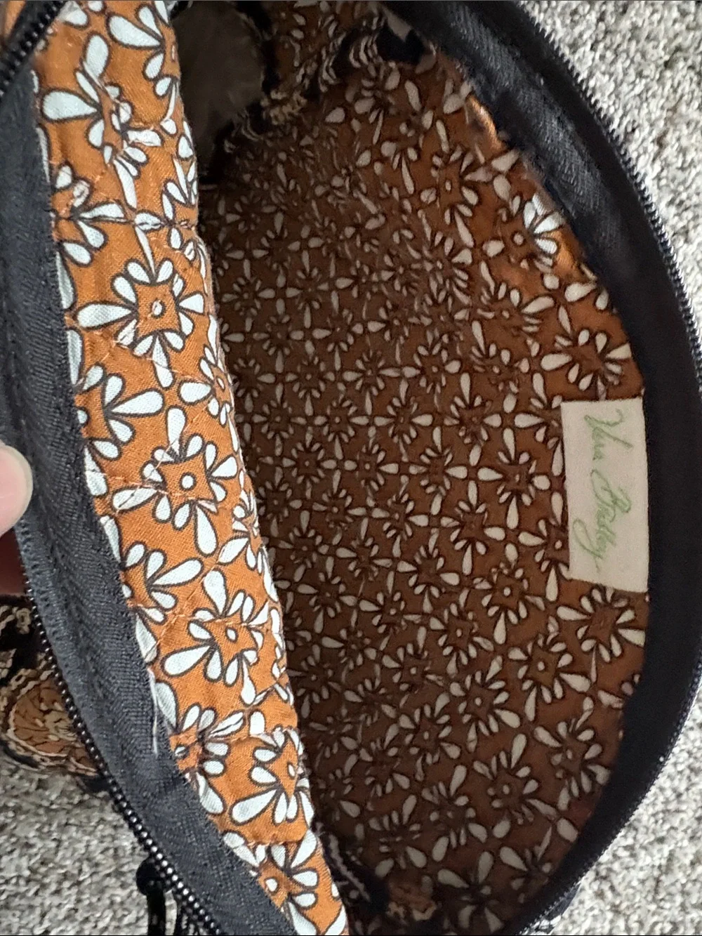 Quilted Floral Large Cosmetic Pouch in Black and Tan